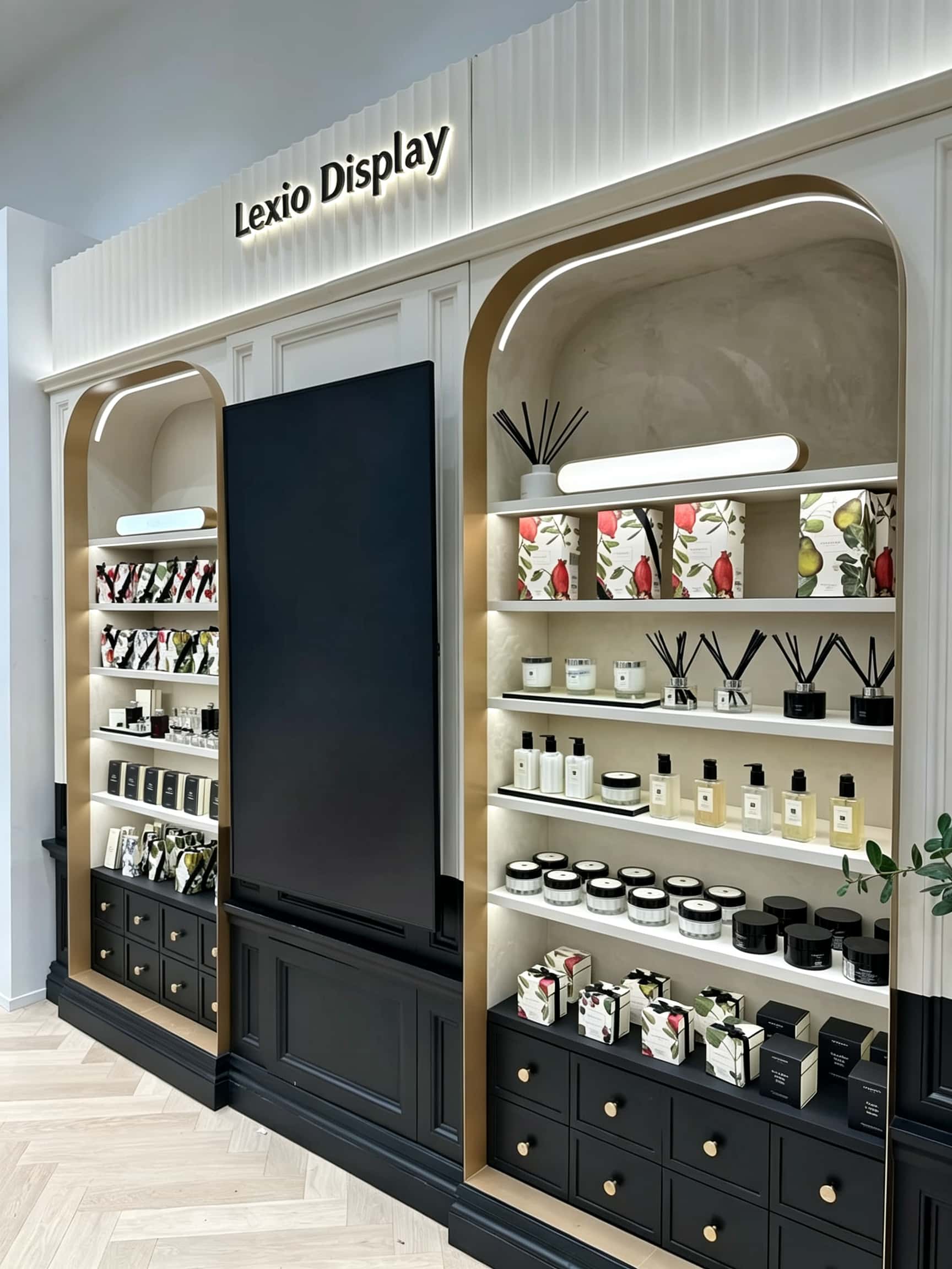 Custom Black White Two-Tone Arched Display Wall Cabinet | Vintage Fragrance Body Care Showcase