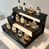 Custom Black Wood 3-Tier Step Perfume Counter Display Riser | LED Table Lighted Fragrance Showcase Stand