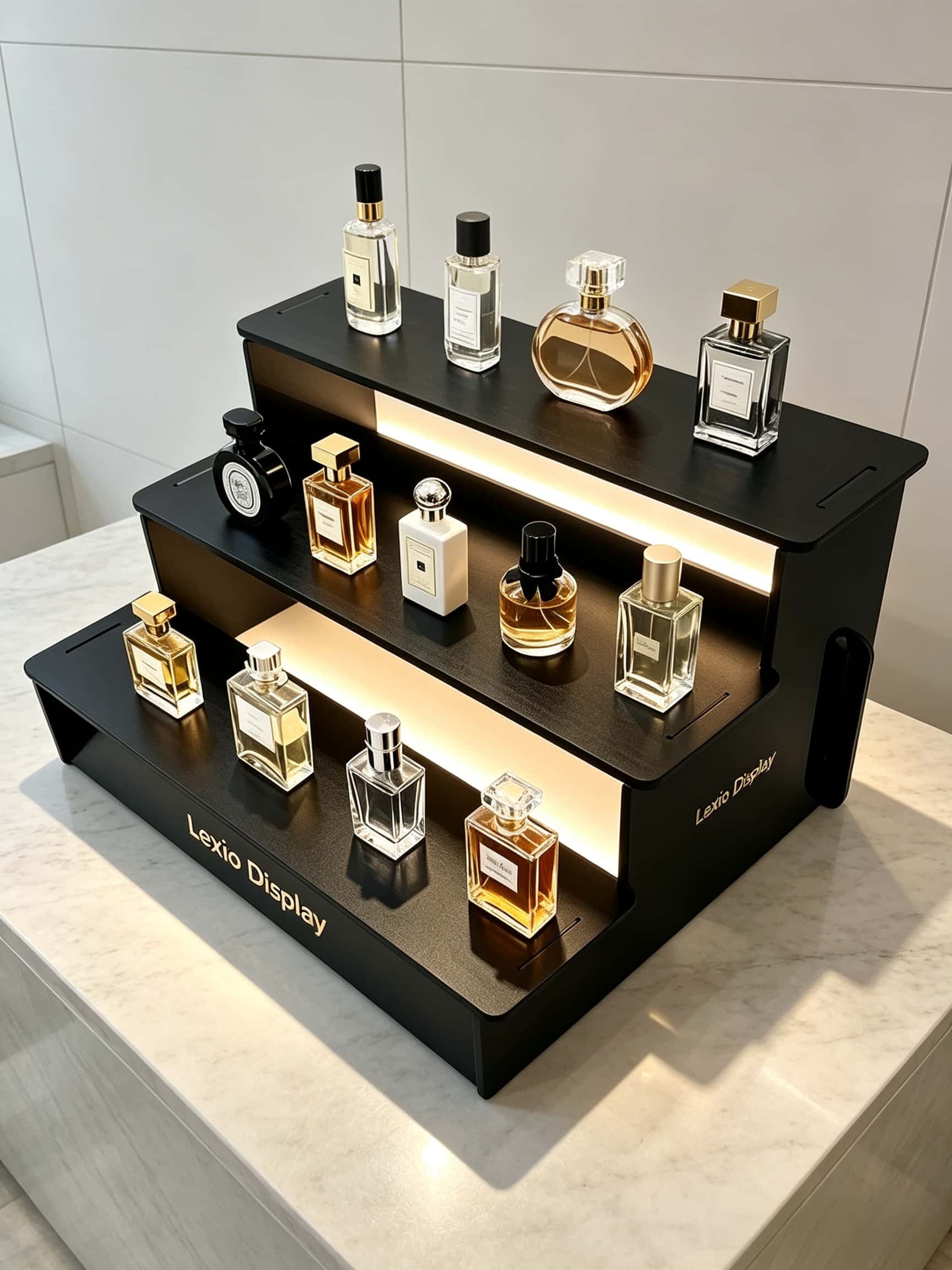 Custom Black Wood 3-Tier Step Perfume Counter Display Riser | LED Table Lighted Fragrance Showcase Stand