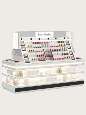 perfume display cabinet (11) Custom White Cosmetic Gondola Display Table | Open Makeup Retail Showcase For Beauty Store
