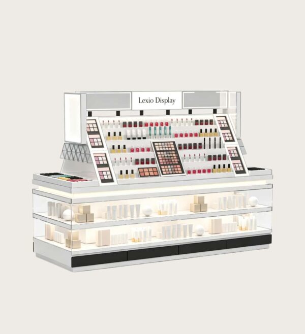 Custom White Cosmetic Gondola Display Table | Open Makeup Retail Showcase For Beauty Store