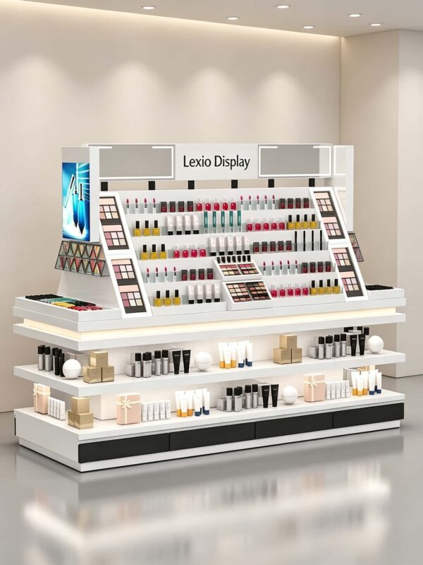 Custom White Cosmetic Gondola Display Table | Open Makeup Retail Showcase For Beauty Store