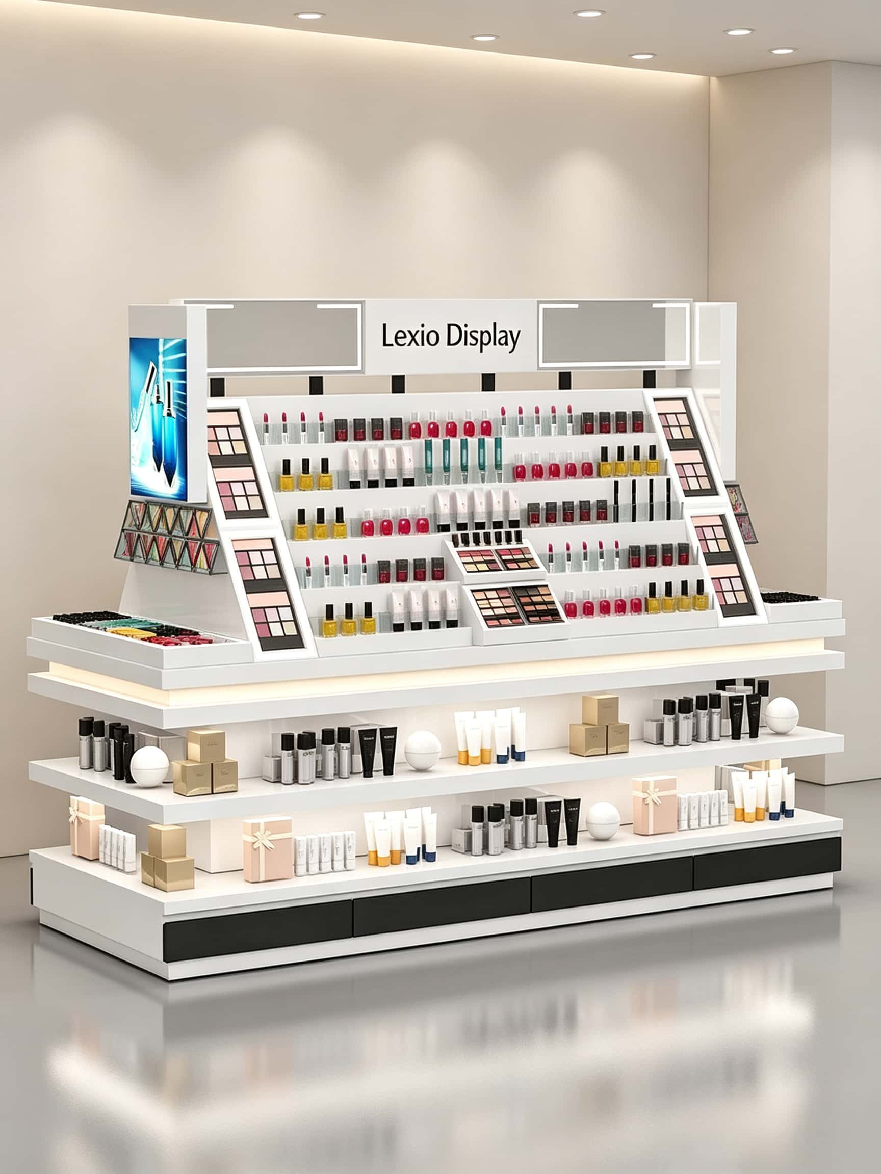 Custom White Cosmetic Gondola Display Table | Open Makeup Retail Showcase For Beauty Store