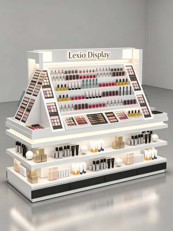 Custom White Cosmetic Gondola Display Table | Open Makeup Retail Showcase For Beauty Store