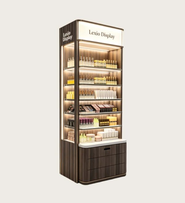 Wholesale Dark Wood Freestanding Skincare Perfume Display Tower | Showcase For Cosmetic Shop