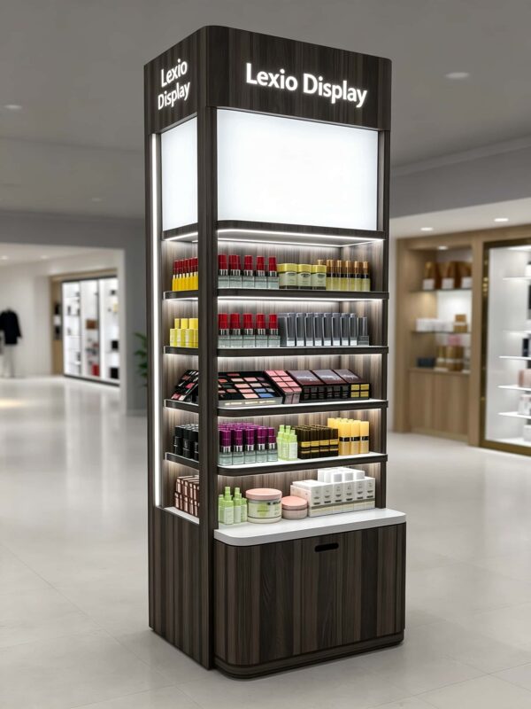 Wholesale Dark Wood Freestanding Skincare Perfume Display Tower | Showcase For Cosmetic Shop