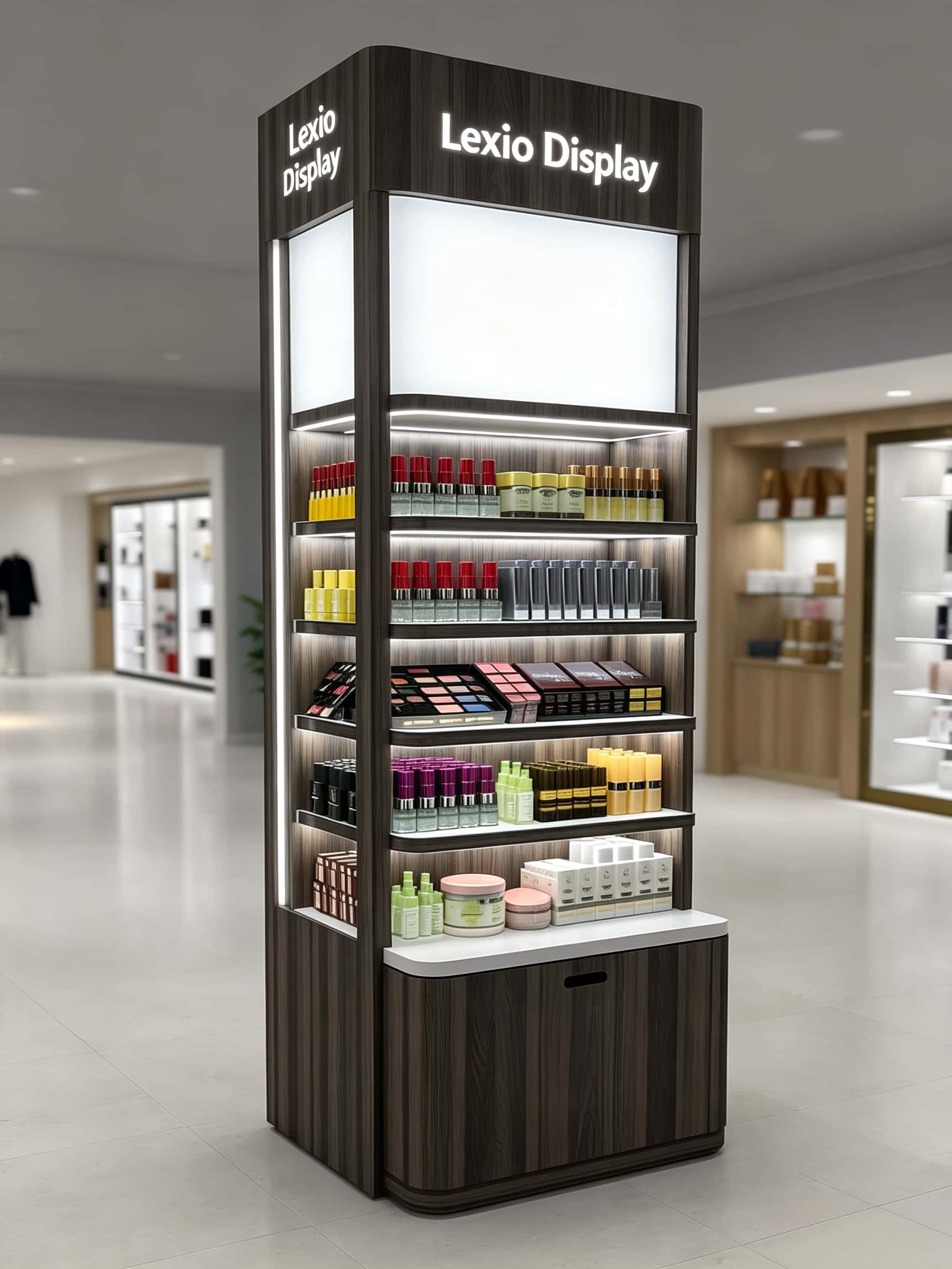 Wholesale Dark Wood Freestanding Skincare Perfume Display Tower | Showcase For Cosmetic Shop