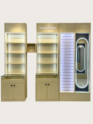 perfume display cabinet (16) Custom Light Wood Combined Multi-Function Beauty Display Wall Unit | Skincare Perfume Shelving