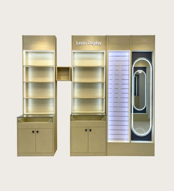 perfume display cabinet (16) Custom Light Wood Combined Multi-Function Beauty Display Wall Unit | Skincare Perfume Shelving