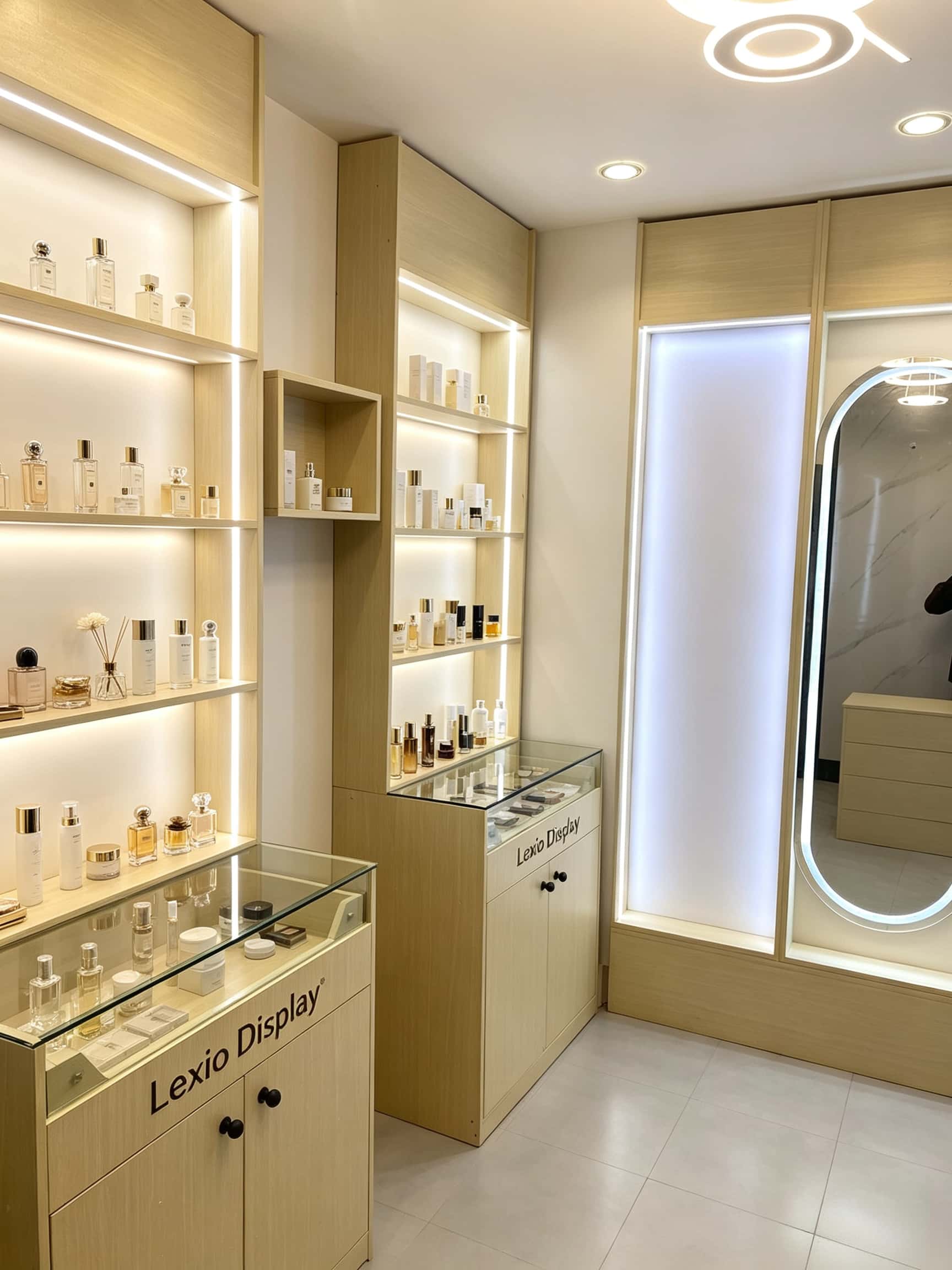 Custom Light Wood Combined Multi-Function Beauty Display Wall Unit | Skincare Perfume Shelving