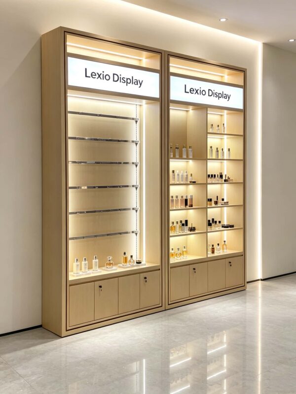 Custom Light Wood Modular Perfume Display Wall Cabinet | Adjustable Shelving Unit