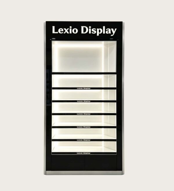 Wholesale Black Perfume Display Wall Cabinet | Open Fragrance Showcase With LED Shelves For Cosmetic Shop