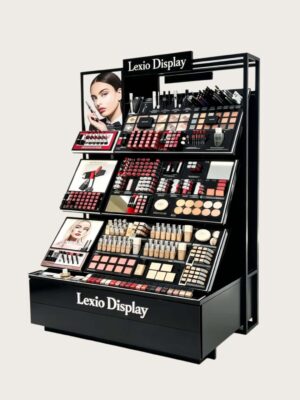 Black Metal Frame Tiered Makeup Display Stand | Cosmetic Gondola Showcase For Beauty Retail