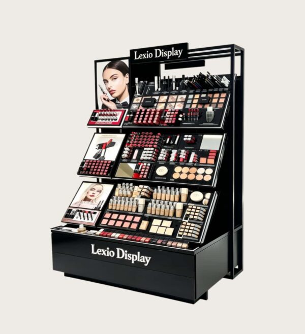perfume display cabinet (20) Black Metal Frame Tiered Makeup Display Stand | Cosmetic Gondola Showcase For Beauty Retail