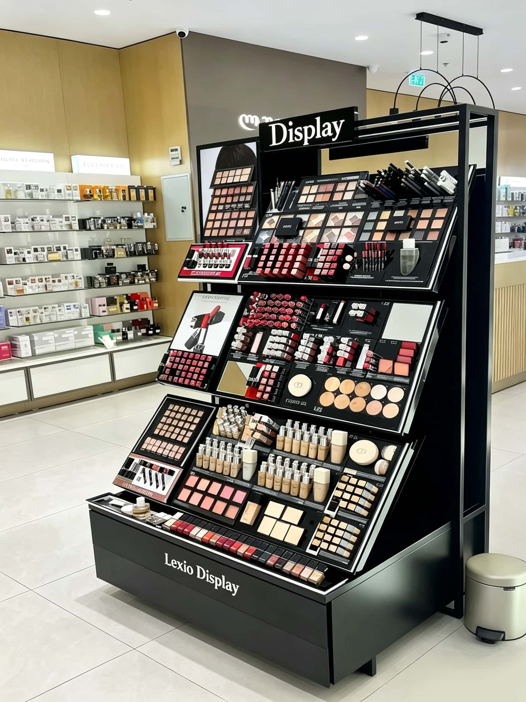 Black Metal Frame Tiered Makeup Display Stand | Cosmetic Gondola Showcase For Beauty Retail