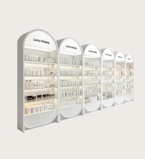 perfume display cabinet (22) Wholesale Arched White Modular Skincare Display Wall Cabinet | Beauty Shelving Unit