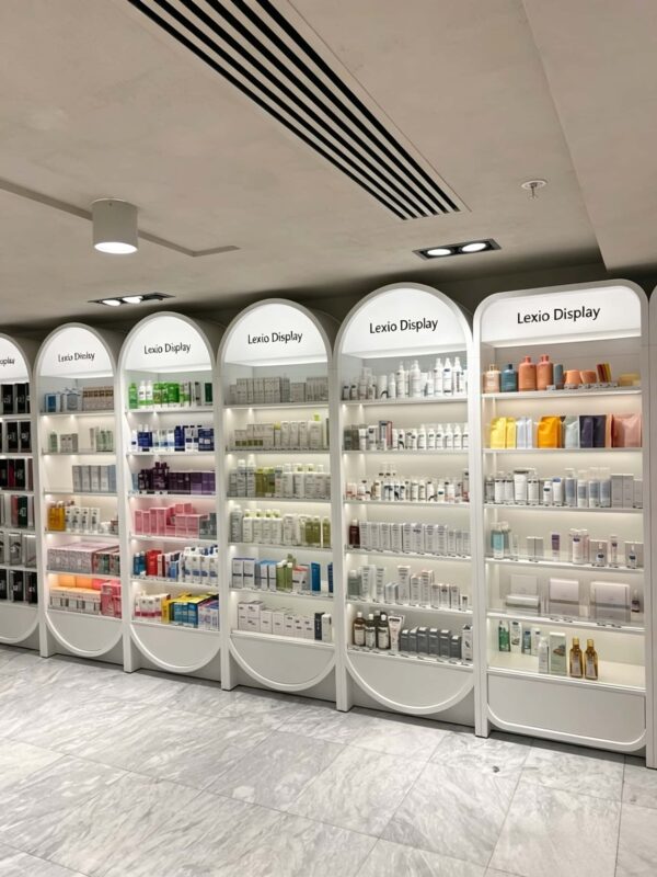 perfume display cabinet (23) Wholesale Arched White Modular Skincare Display Wall Cabinet | Beauty Shelving Unit