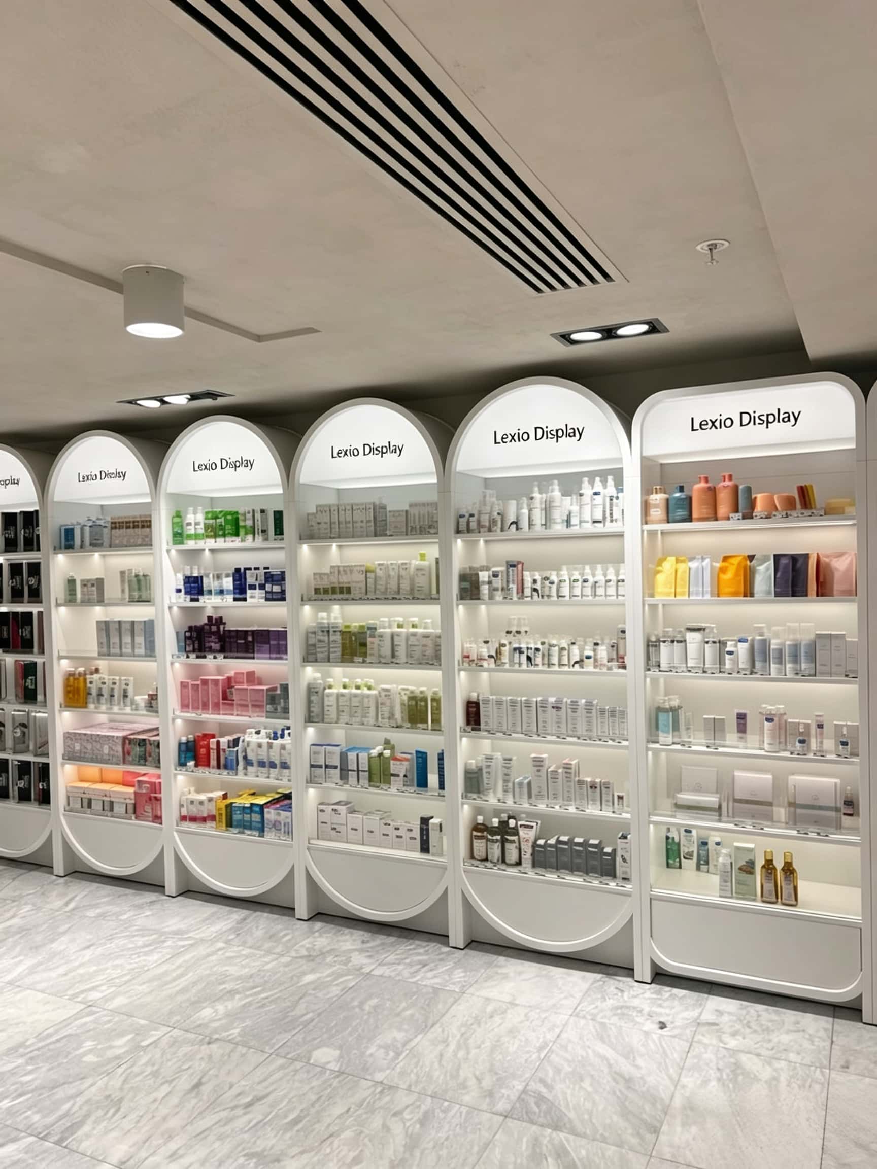Wholesale Arched White Modular Skincare Display Wall Cabinet | Beauty Shelving Unit