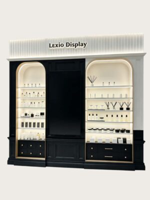 perfume display cabinet (24) Custom Black White Two-Tone Arched Display Wall Cabinet | Vintage Fragrance Body Care Showcase