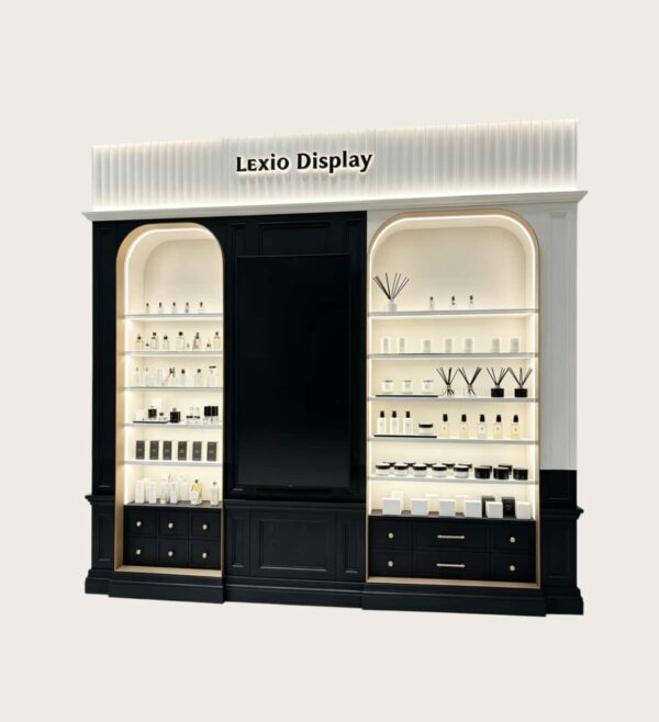 Custom Black White Two-Tone Arched Display Wall Cabinet | Vintage Fragrance Body Care Showcase