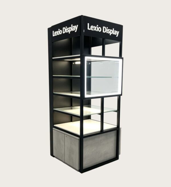 Custom Metal Frame Cube Perfume Cosmetic Display Towe Open Retail Showcase