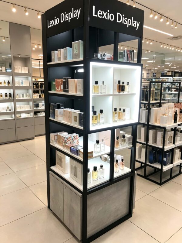 Custom Metal Frame Cube Perfume Cosmetic Display Towe Open Retail Showcase
