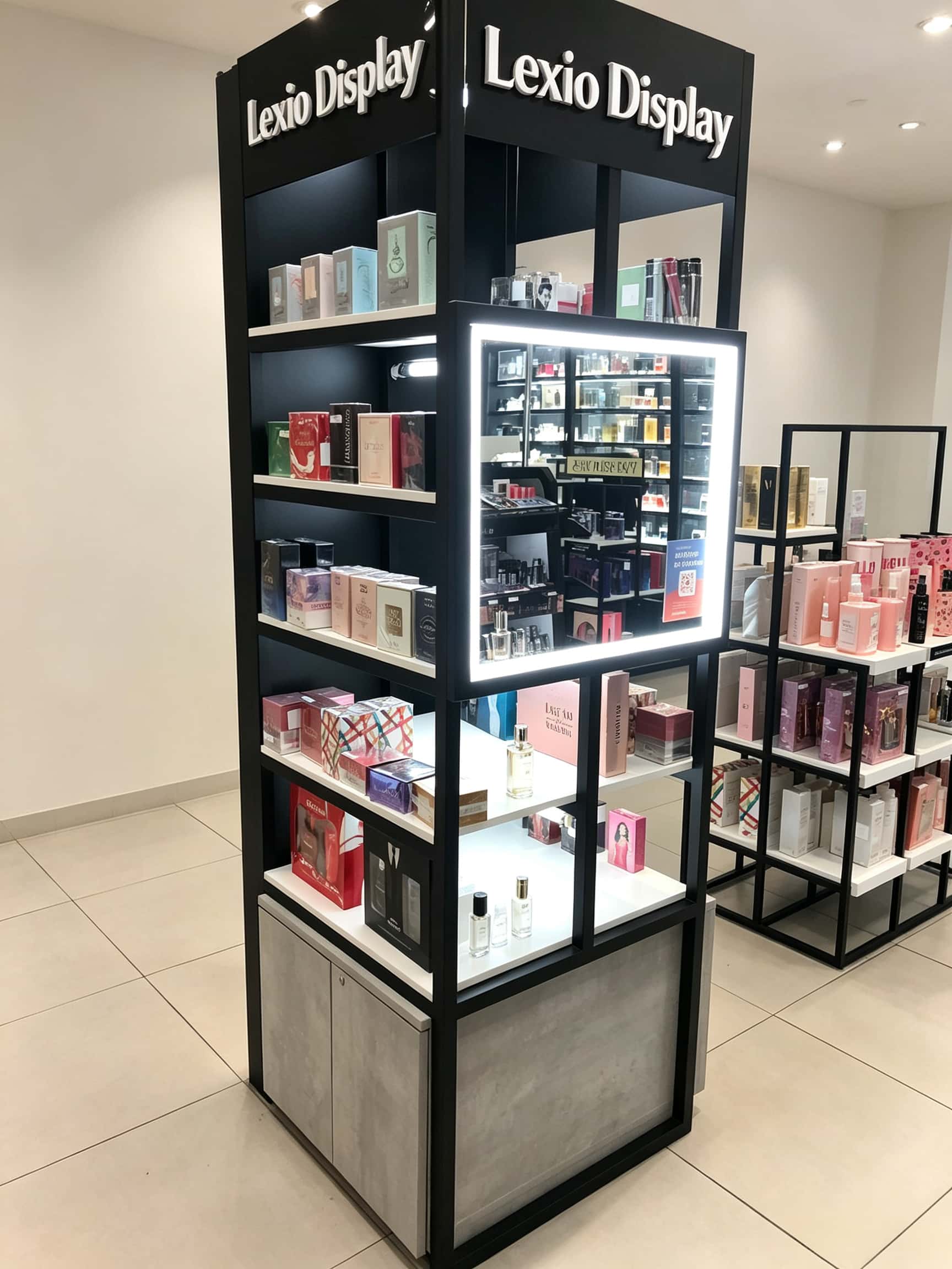Custom Metal Frame Cube Perfume Cosmetic Display Towe Open Retail Showcase