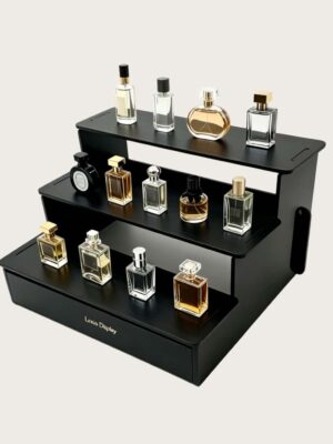 perfume display cabinet (8) Custom Black Wood 3-Tier Step Perfume Counter Display Riser | LED Table Lighted Fragrance Showcase Stand