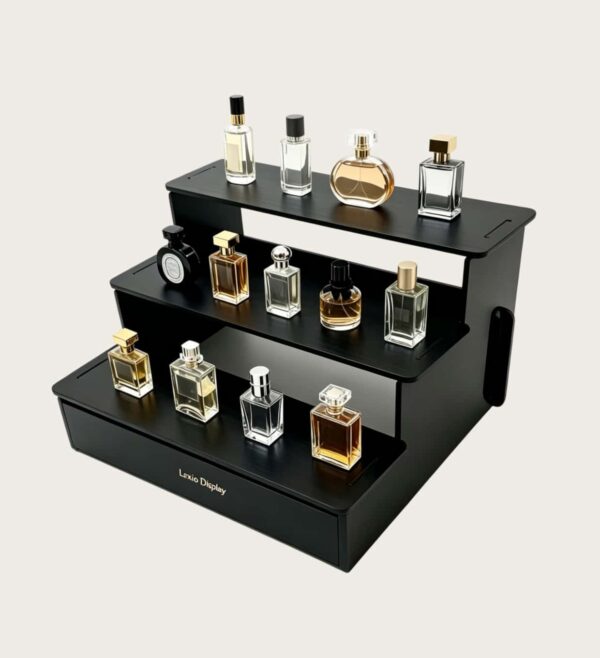 Custom Black Wood 3-Tier Step Perfume Counter Display Riser | LED Table Lighted Fragrance Showcase Stand