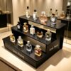 Custom Black Wood 3-Tier Step Perfume Counter Display Riser | LED Table Lighted Fragrance Showcase Stand