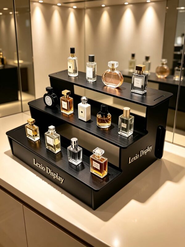 Custom Black Wood 3-Tier Step Perfume Counter Display Riser | LED Table Lighted Fragrance Showcase Stand