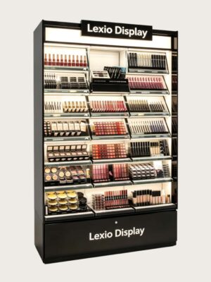 Wholesale Black Vertical Lipstick Makeup Display Cabinet | Commercial Tiered Cosmetic Wall Shelving With LED For Beauty Stores