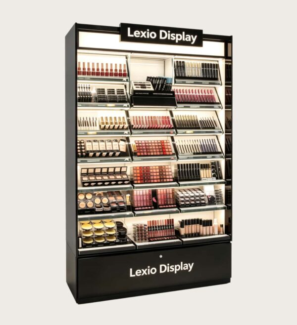 Wholesale Black Vertical Lipstick Makeup Display Cabinet | Commercial Tiered Cosmetic Wall Shelving With LED For Beauty Stores