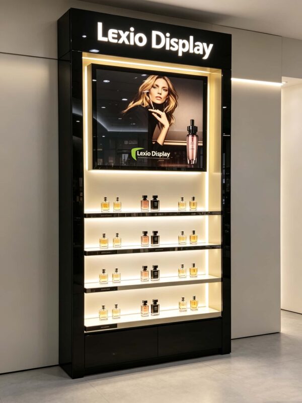 perfume display showcase (10) Tall Gloss Black Perfume Wall Display Unit | Slim Vertical Fragrance Showcase With LED Shelf Lights For Stores