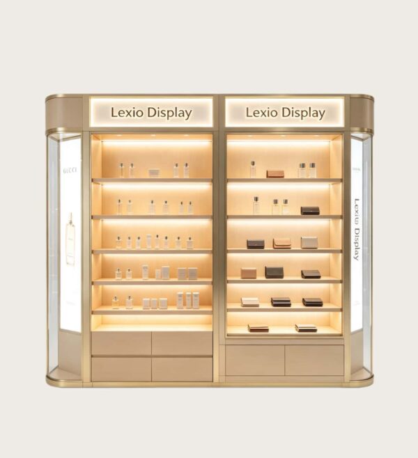 perfume display showcase (11) Custom Dual Perfume Display Wall Cabinet | Luxury Boutique Combined Showcase With LED