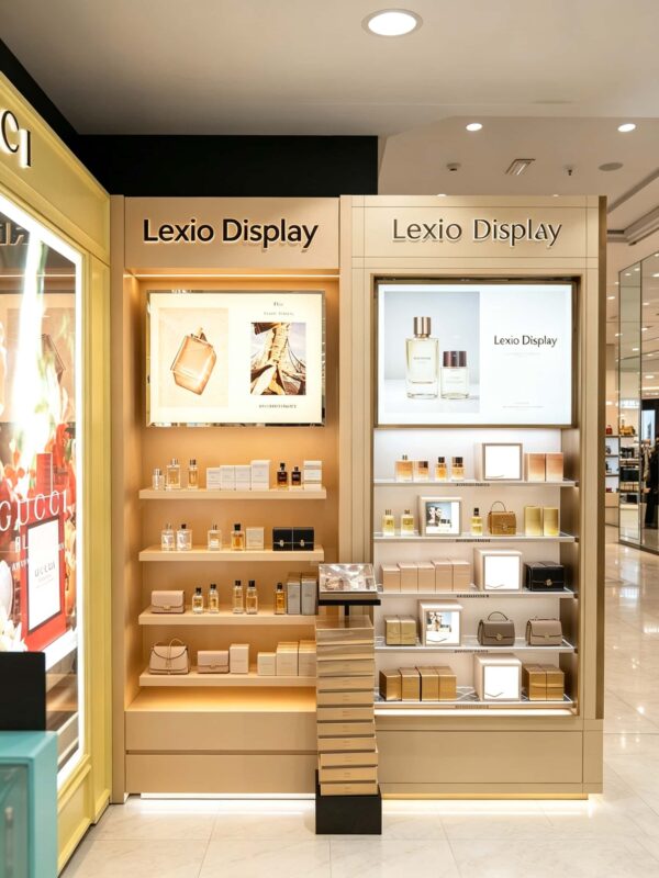 perfume display showcase (12) Custom Dual Perfume Display Wall Cabinet | Luxury Boutique Combined Showcase With LED