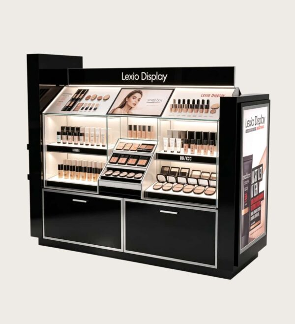 Black Makeup Display Counter | Multi-Angle Cosmetic Floor Showcase For Beauty Retail Stores