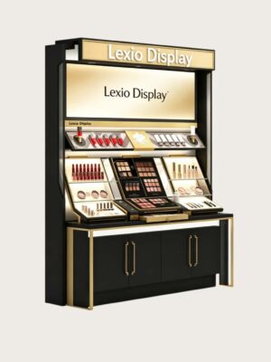 Gold Frame Makeup Display Counter | Luxury Cosmetic Showcase With Light Box