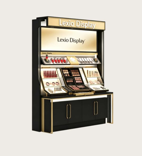 Gold Frame Makeup Display Counter | Luxury Cosmetic Showcase With Light Box