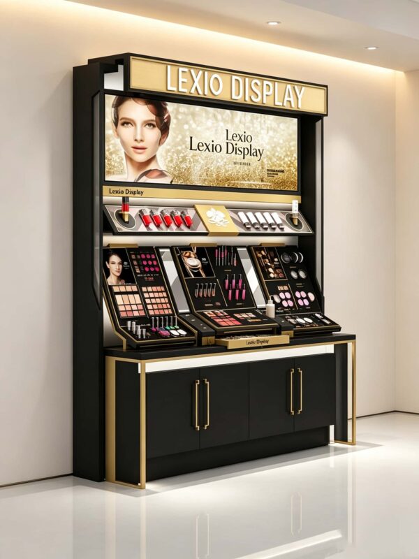 Gold Frame Makeup Display Counter | Luxury Cosmetic Showcase With Light Box