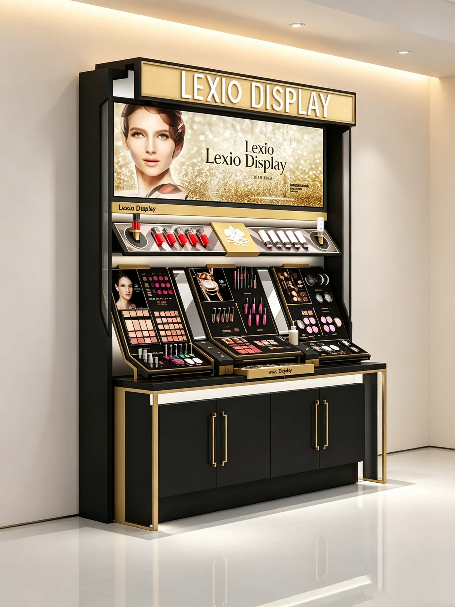 Gold Frame Makeup Display Counter | Luxury Cosmetic Showcase With Light Box