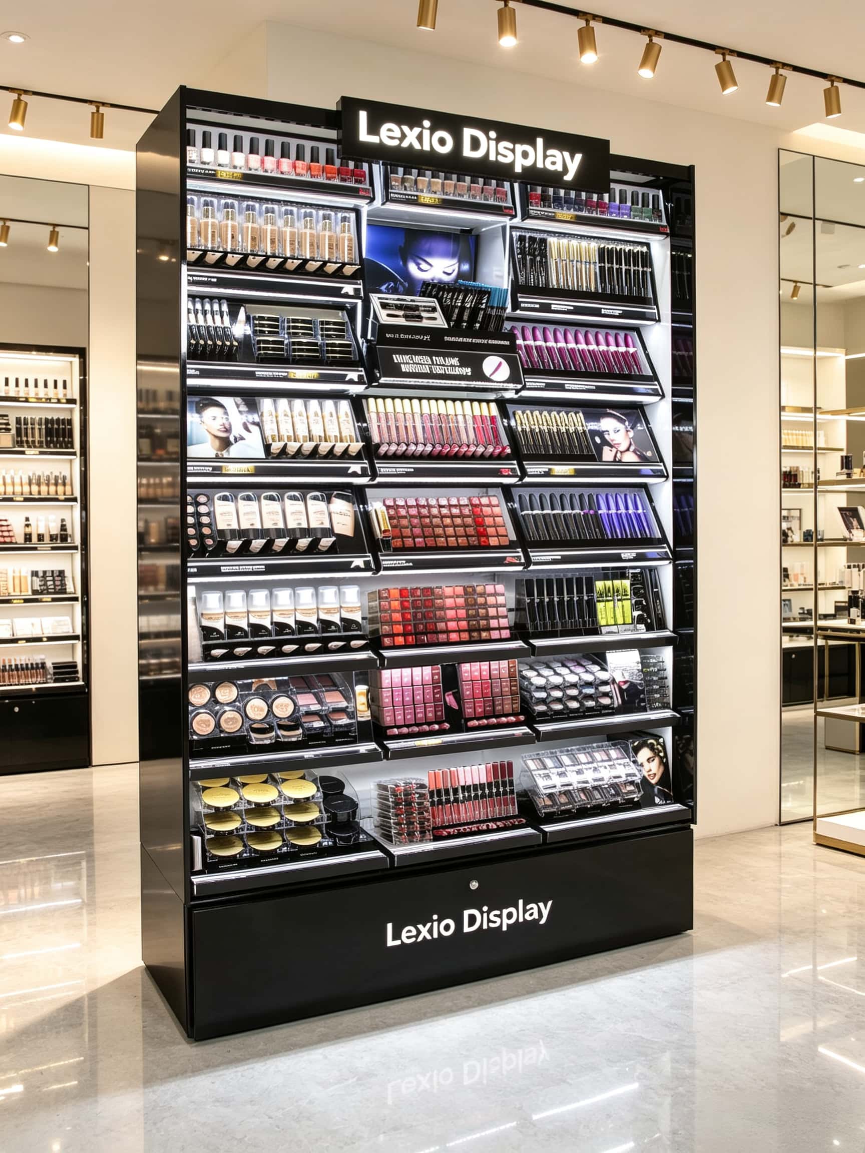 Wholesale Black Vertical Lipstick Makeup Display Cabinet | Commercial Tiered Cosmetic Wall Shelving With LED For Beauty Stores