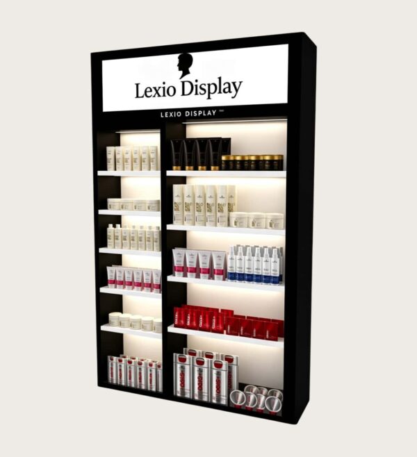 Wholesale Hair Care Black Wall Display Cabinet | Double Side Salon Hair Shelving Unit With LED For Hair Salon