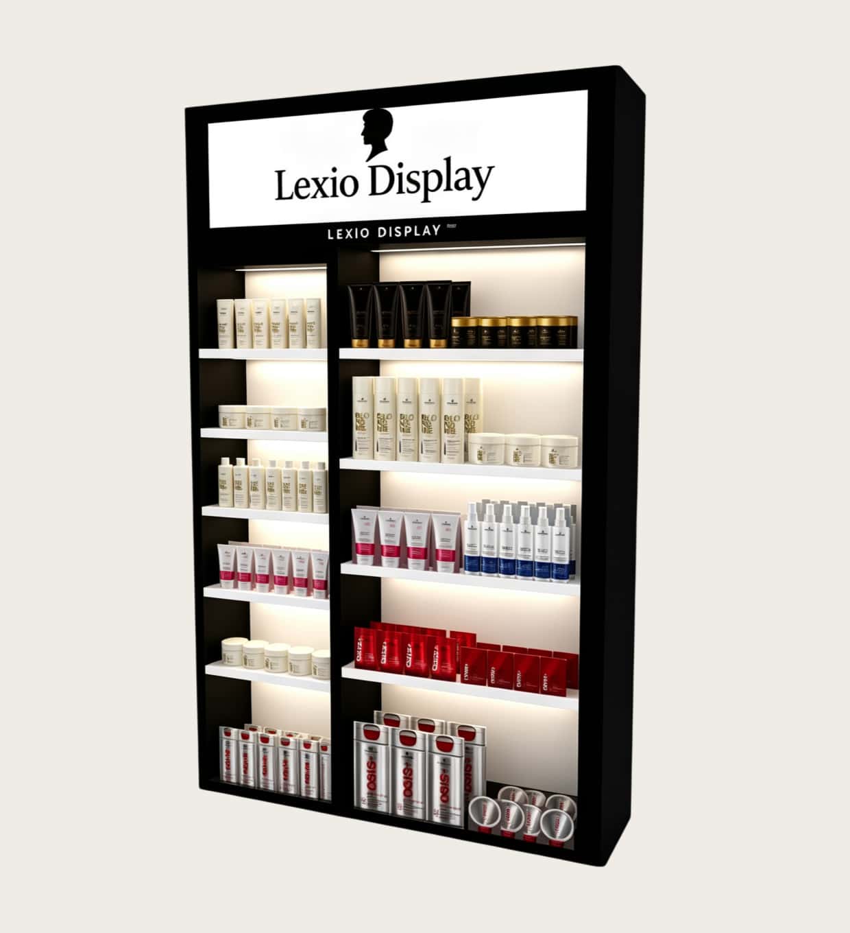 Wholesale Hair Care Black Wall Display Cabinet | Double Side Salon Hair Shelving Unit With LED For Hair Salon