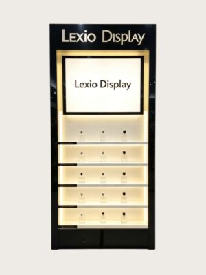 Tall Gloss Black Perfume Wall Display Unit | Slim Vertical Fragrance Showcase With LED Shelf Lights For Stores