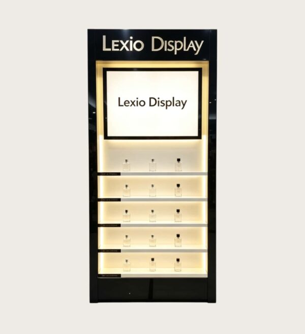 perfume display showcase (9) Tall Gloss Black Perfume Wall Display Unit | Slim Vertical Fragrance Showcase With LED Shelf Lights For Stores