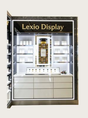 Wholesale Perfume Store Wall Display Cabinet | White Luxury Fragrance Counter Showcase With Central Backlit Poster & Drawer Storage