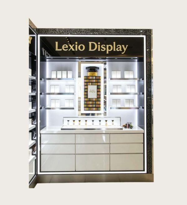 Wholesale Perfume Store Wall Display Cabinet | White Luxury Fragrance Counter Showcase With Central Backlit Poster & Drawer Storage
