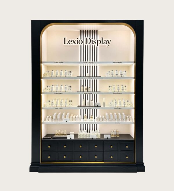 perfume gondola display (1) Custom Arch Wooden Perfume Display Wall Cabinet | Luxury Fragrance Shelving Unit With LED For Perfume Shop