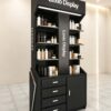 perfume gondola display (10) Custom Black Hair Care Vertical Display Cabinet | Salon Hair Floor Showcase With Side Light Box & Multi Drawer Storage